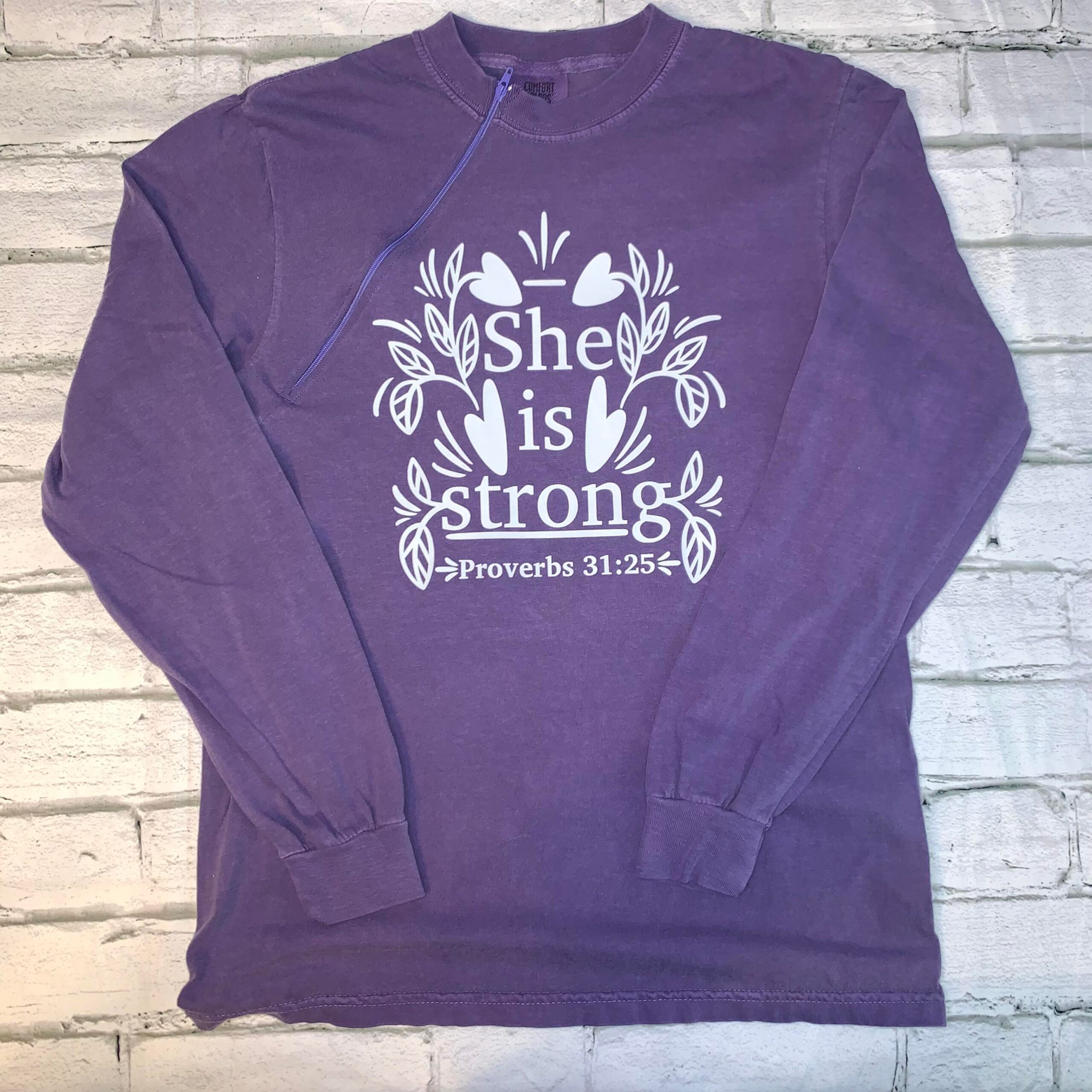 She is Strong - Grape Zipper Chemo Port Long Sleeve Shirt