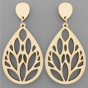 Filigree Teardrop Wood Earrings Lt Natural