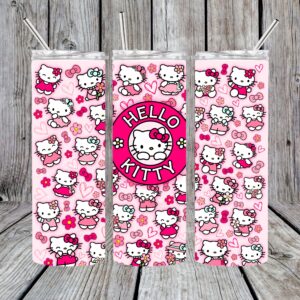 Hello Pink Flowers Heart Kitty Sublimation Tumbler