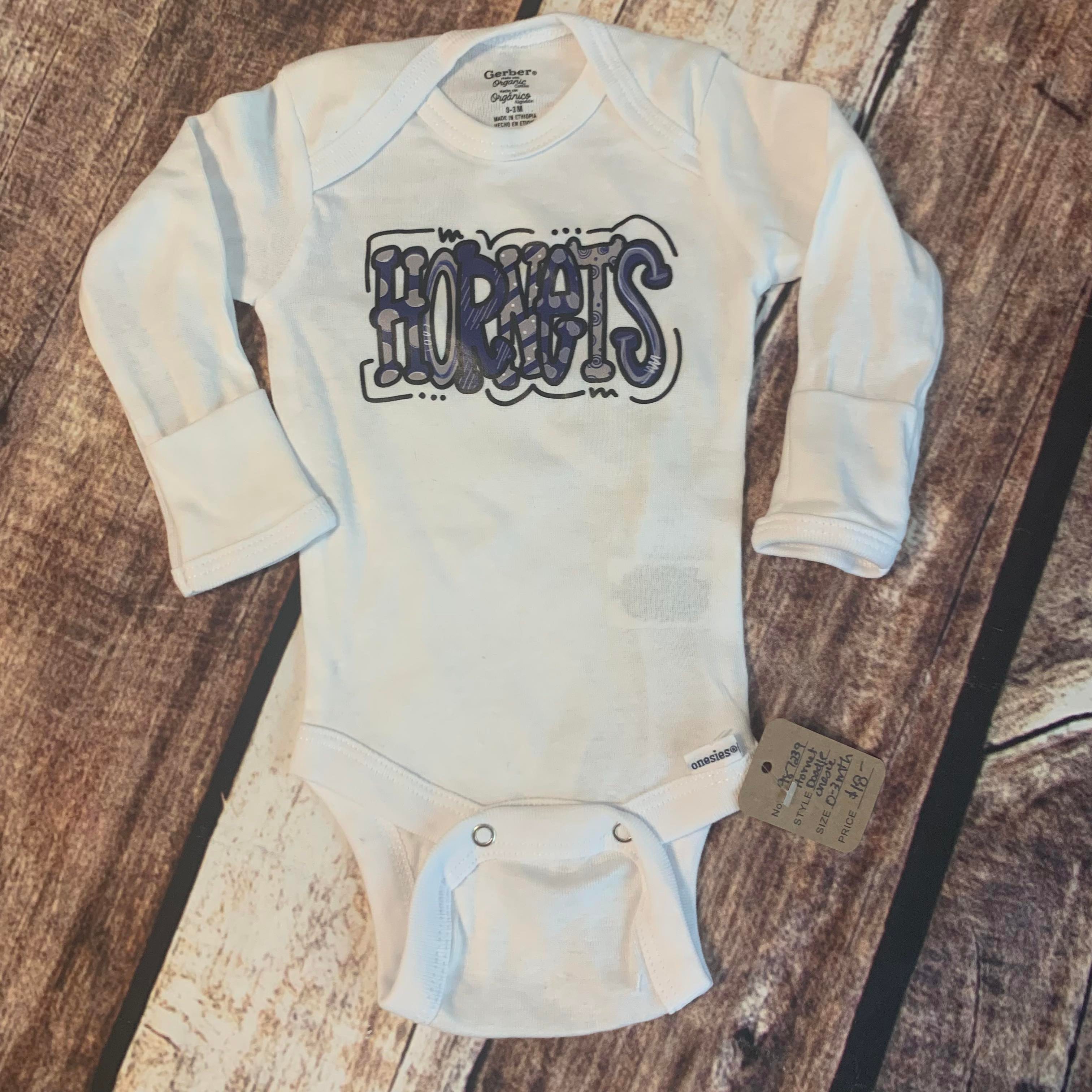 Hornets Doodle Screen Print Long Sleeve Onesie