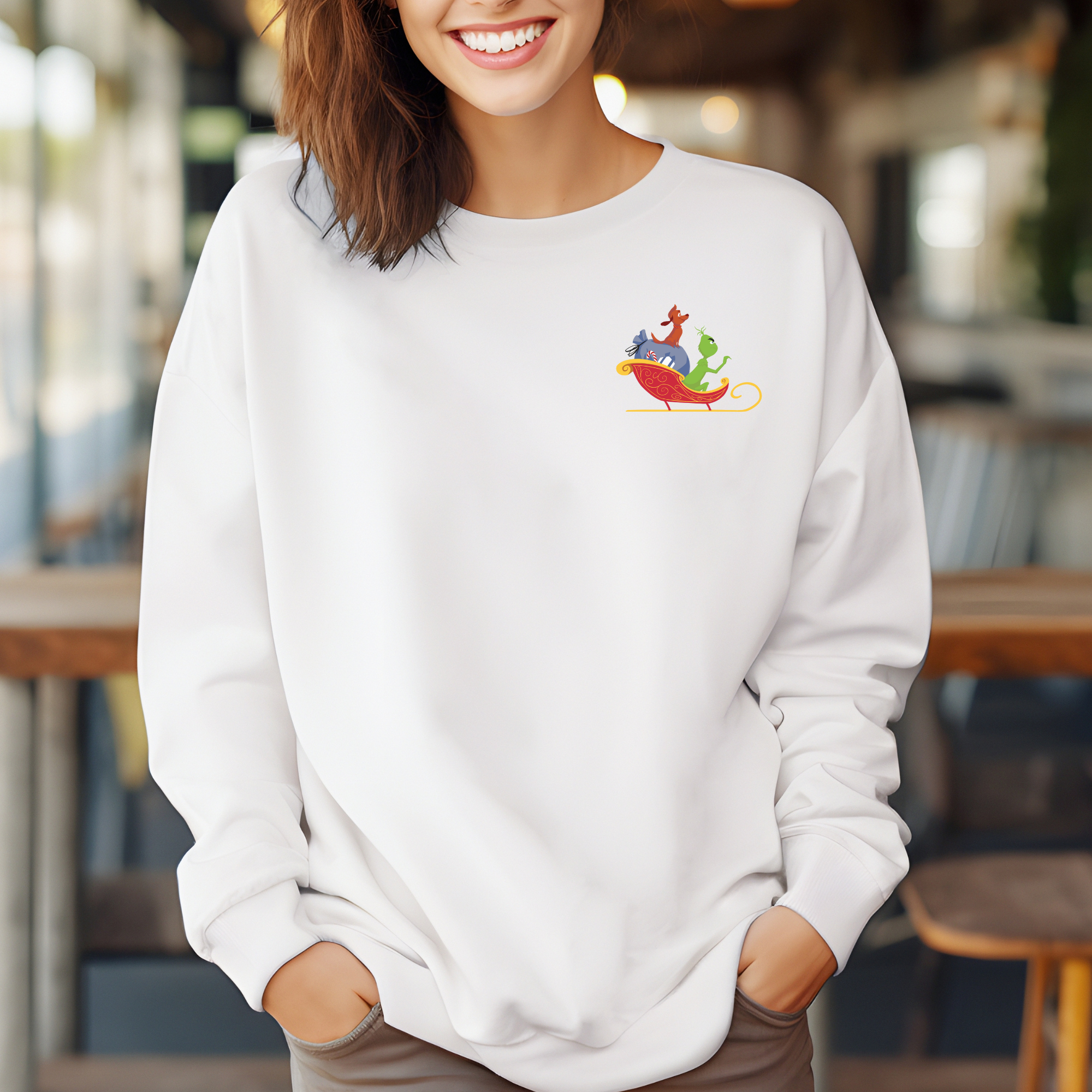Grinch Sleigh Left Chest White Sweatshirt