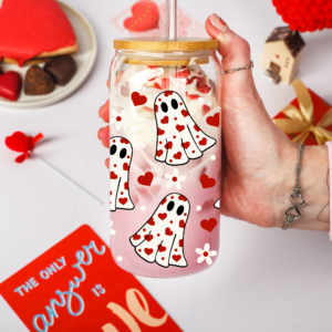 Heart Ghost Libby Glass Can with Straw (13, 16 or 20oz)