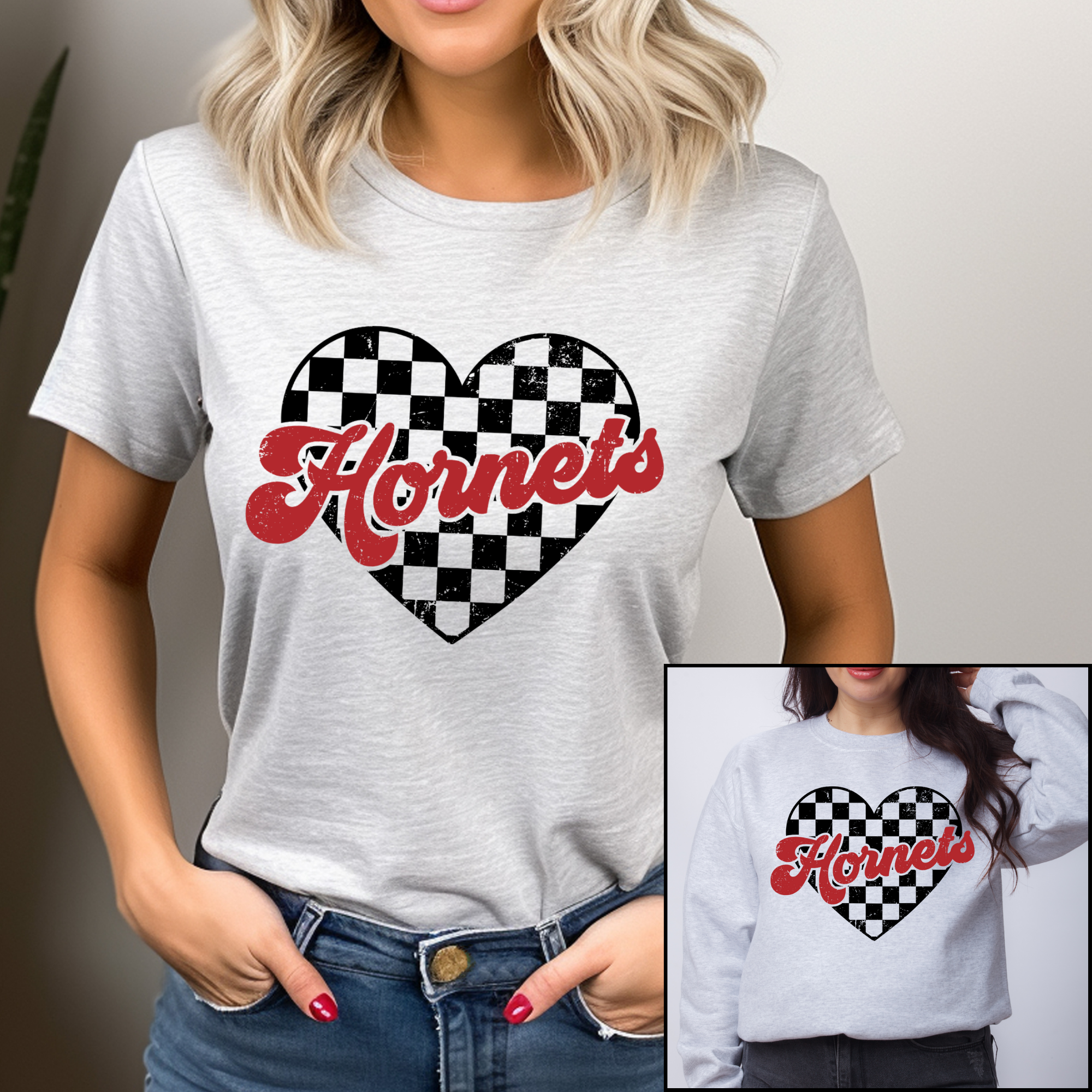 Hornets Retro Check Heart Tshirt or Sweatshirt