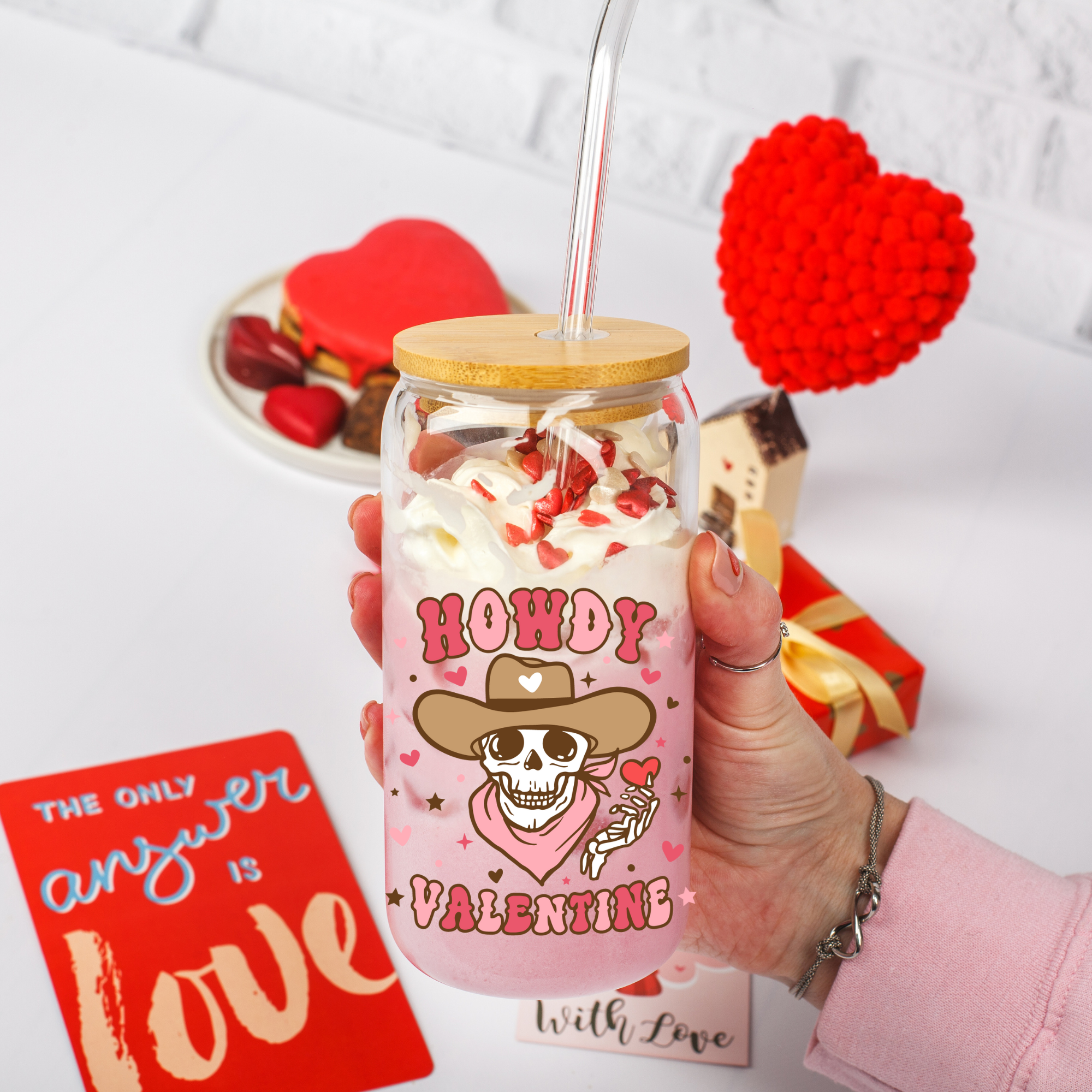 Howdy Valentine Libby Glass Can with Straw (13, 16 or 20oz)
