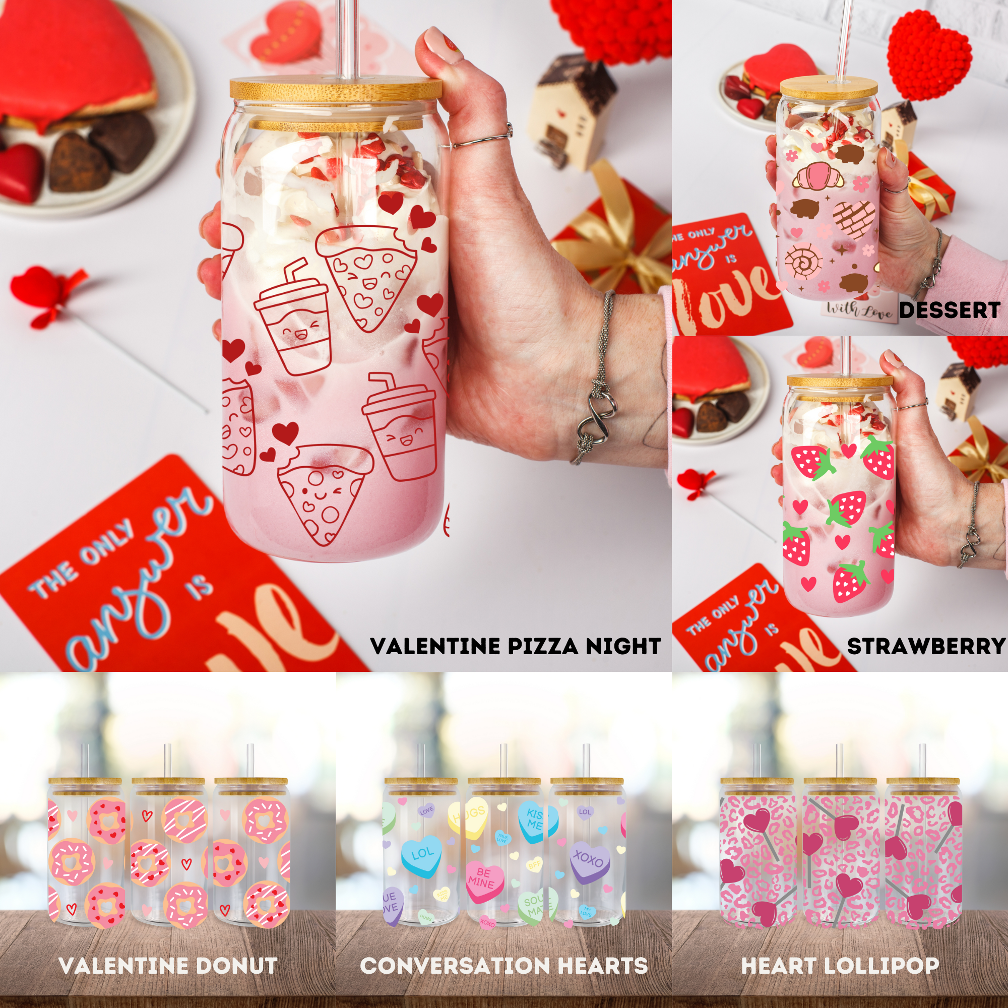 Valentine Choice of 6 Libby Glass Can with Straw (13, 16 or 20oz)