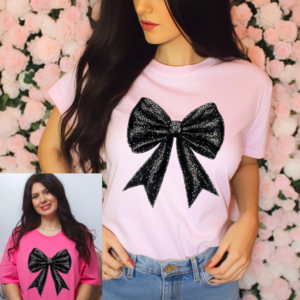 Coquette Black Glitter Bow Tshirt