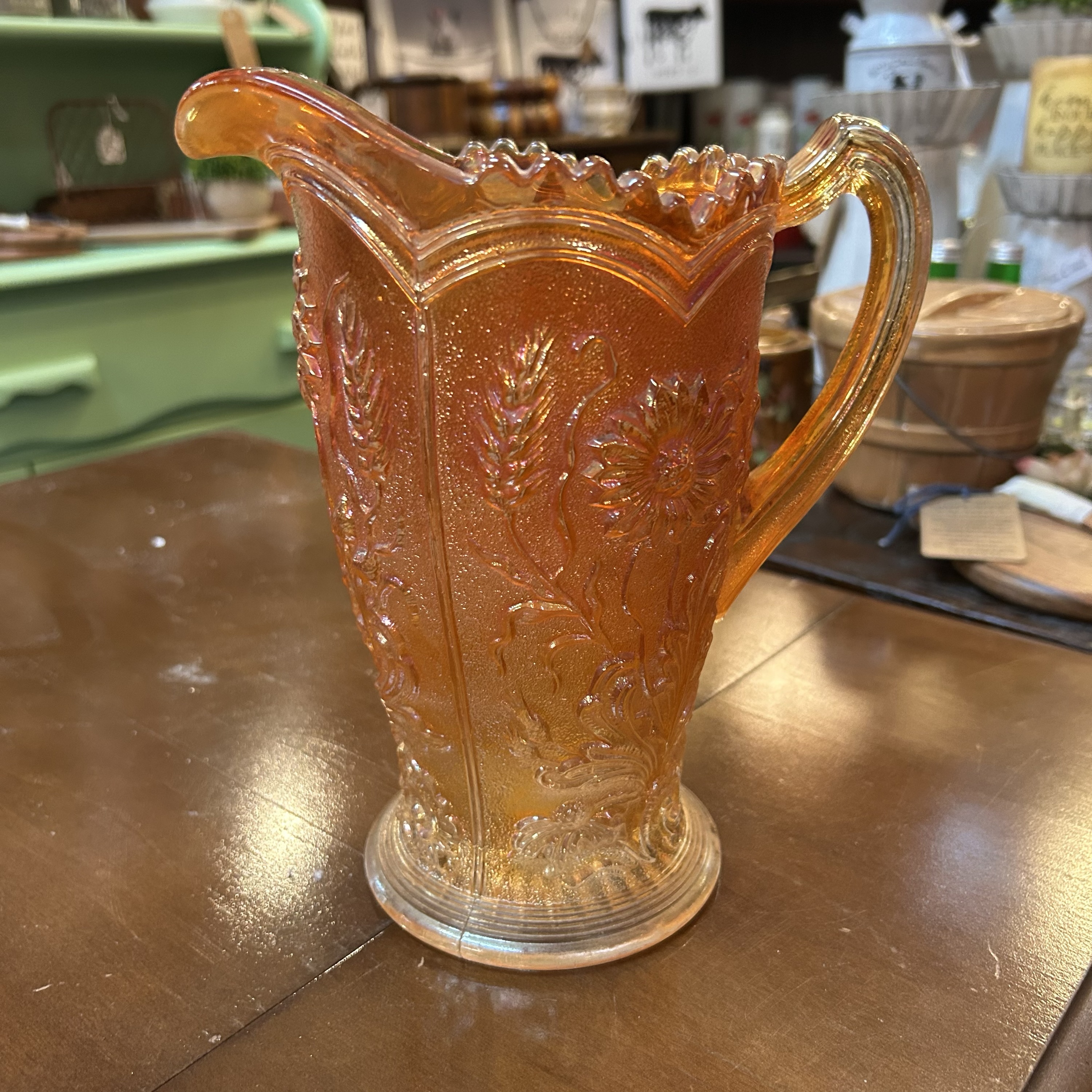 Vtg Indiana Carnival Glass Sunset Heirloom Pitcher Orange Red Iridescent- A6