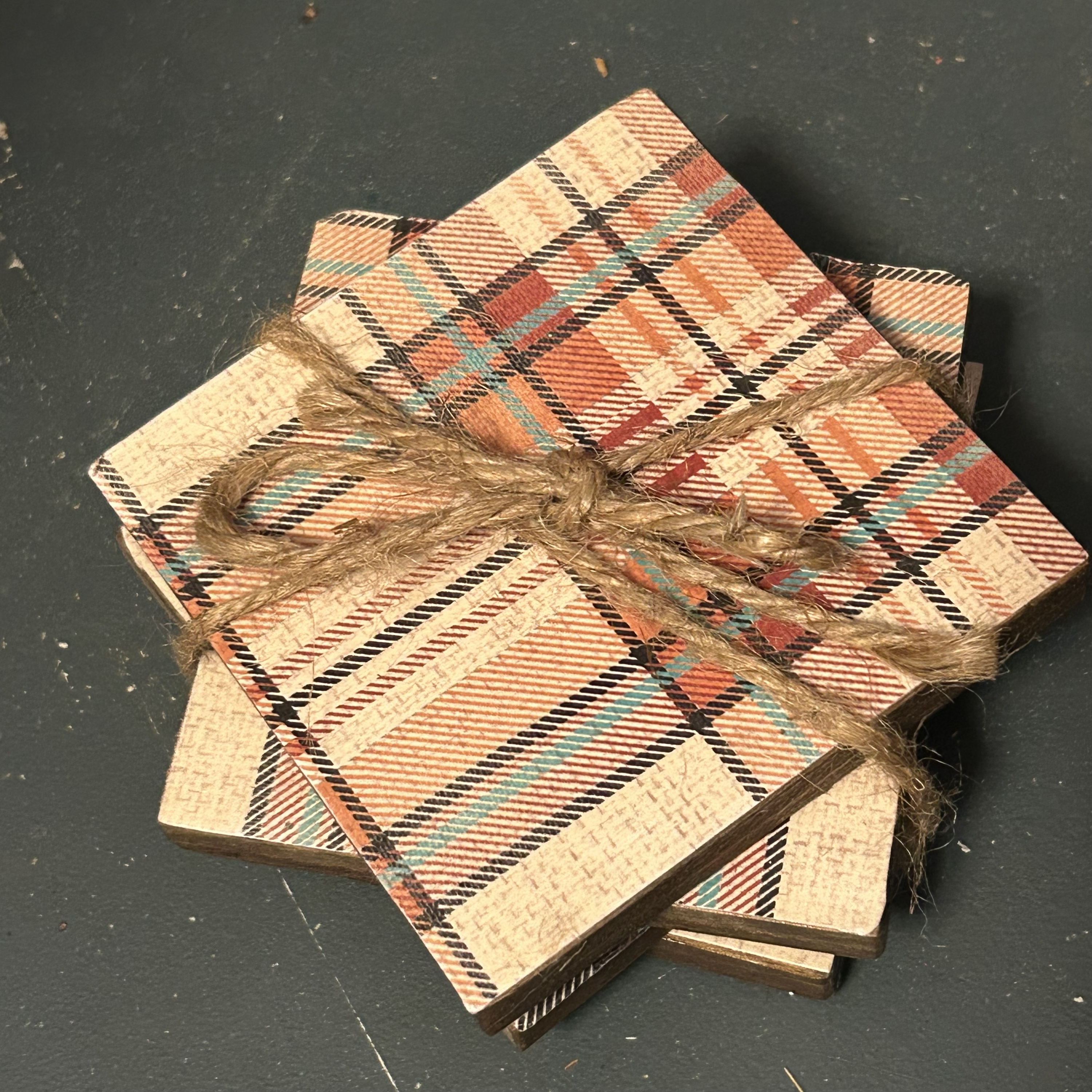 Plaid Wooden Coaster Set of 4