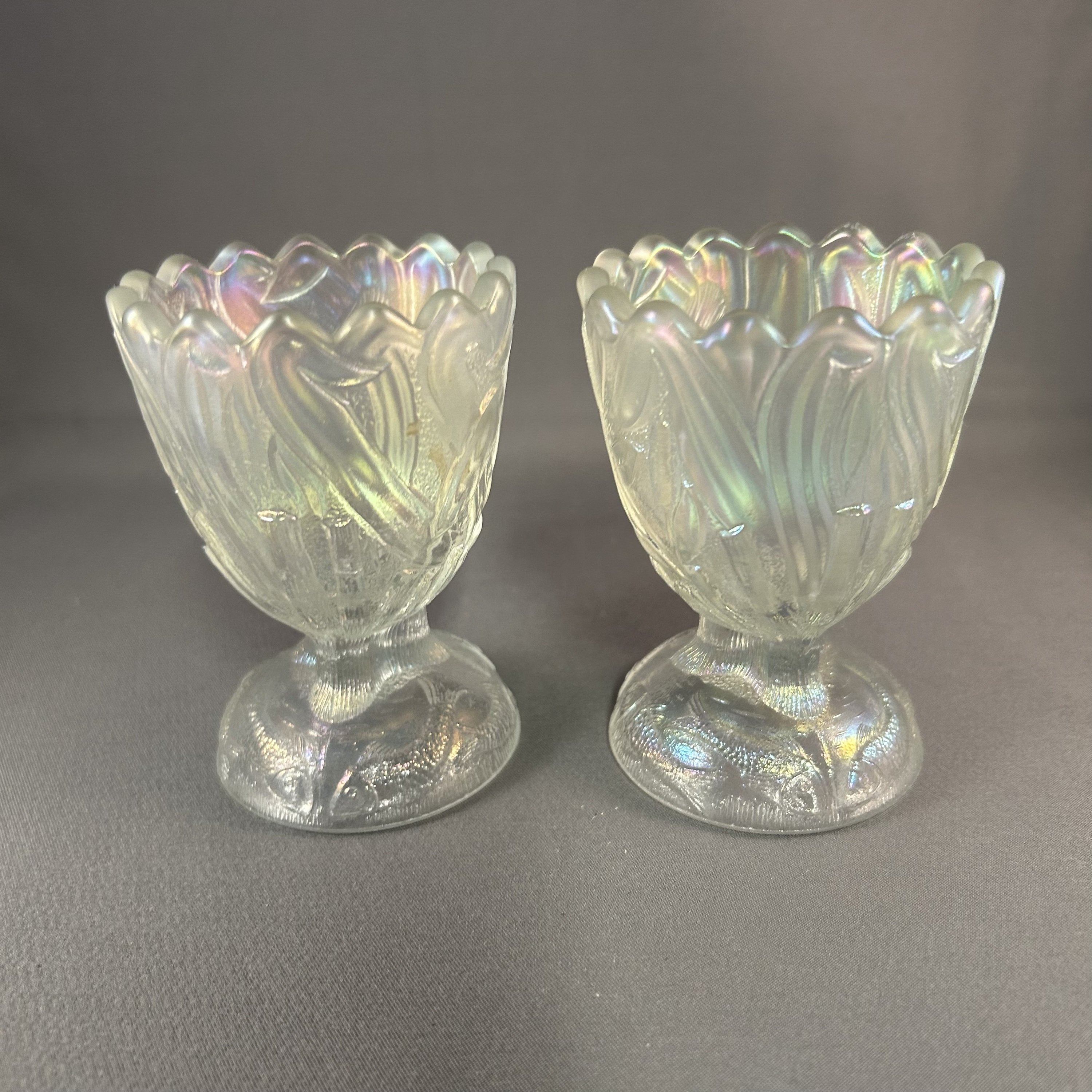 Vintage St. Clair toothpick holders, white kingfisher iridescent carnival #2 set of 2