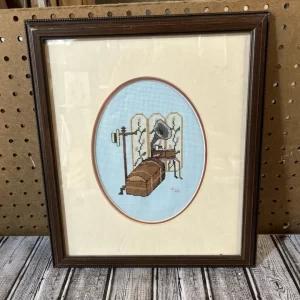 Framed Needlepoint Handmade Vintage 18x14in dressing room 1983