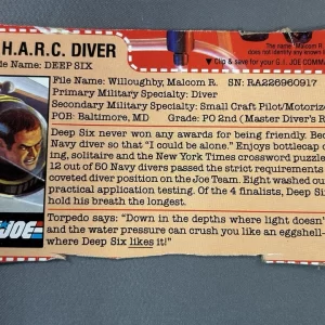 G.I. Joe S.H.A.R.C. DRIVER file card only CODE NAME: DEEP SIX - FREE SHIPPING