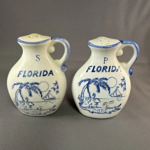 Left Handed Southpaw Salt and Pepper Blue White Shaker Set Florida- Japan