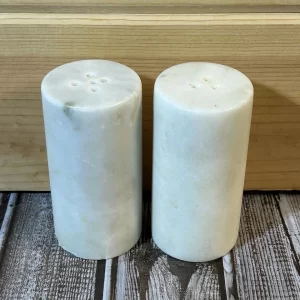 Marble Salt And Pepper Shakers 2 pc set used small chip on bottom of pepper