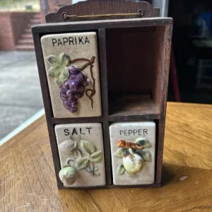 Vintage GNCO Japan Ceramic Fruit Small Spice Rack 1950s Wood Holder 3 spices