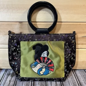 vintage embroidered silk Purse Wood circle handles flowers preowned, not used